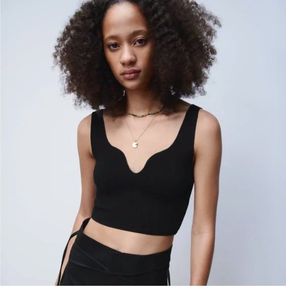 Zara Tops Zara Black Sweetheart Plunge Neckline Jacquard Knit